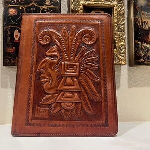 Vintage Tooled Leather Portfolio with Mayan/Aztec‎ Motifs